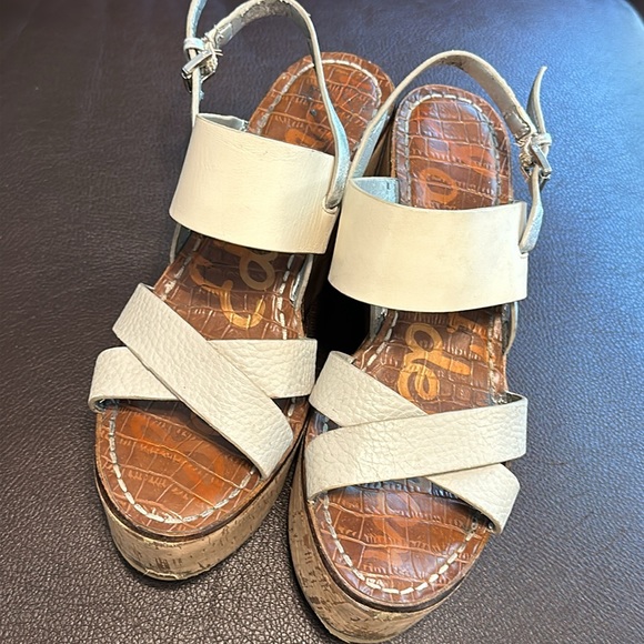 Sam Edelman platform shoes - cork wedge cream leather silver sandal shoes - Picture 5 of 13